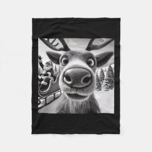 Funny Reindeer Selfie With Santa Sleigh Christmas Fleece Blanket