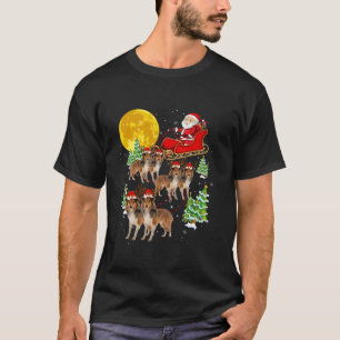 Funny Reindeer Sheltie Dogs With Santa Sleigh Xmas T-Shirt