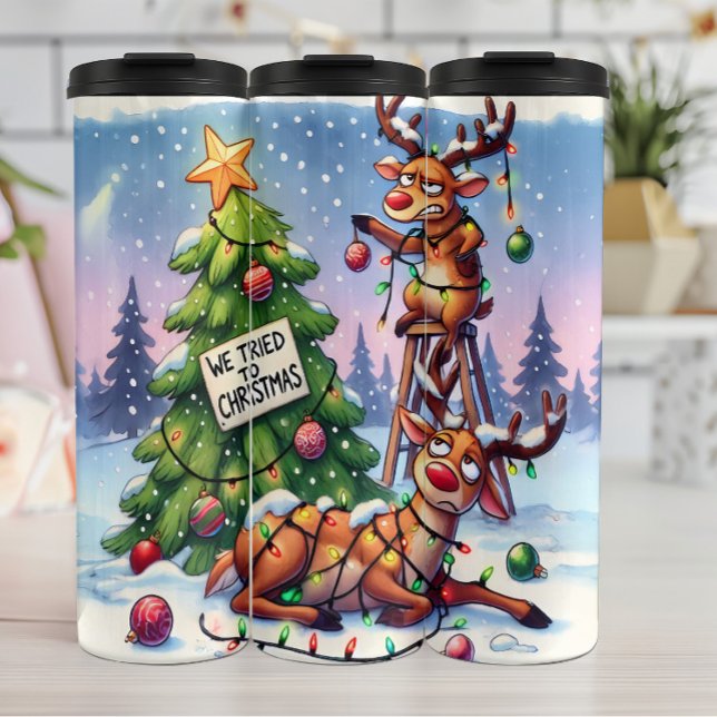 Funny Reindeer Trying to Christmas Thermal Tumbler (Creator Uploaded)