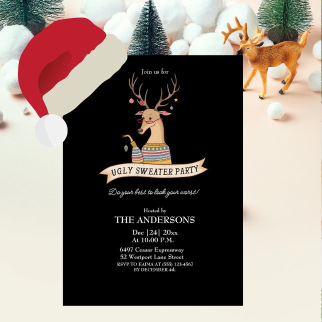 Funny Reindeer Ugly Sweater Christmas Party Invitation (Creator Uploaded)