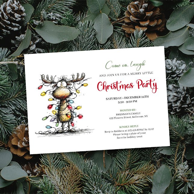 Funny Reindeer Watercolor Christmas Party Card (Funny Reindeer Watercolor Christmas Party Card)