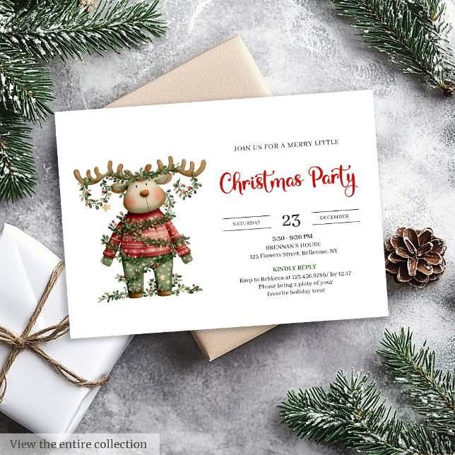 Funny Reindeer watercolor red green holiday invite (Funny Reindeer watercolor red green holiday invite)