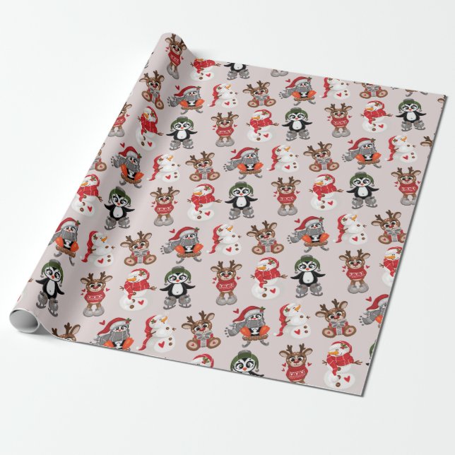 Funny Reindeer with Snow Man Christmas Pretty  Wrapping Paper (Unrolled)