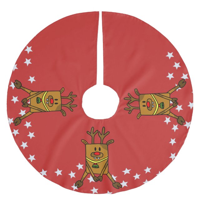 Funny Reindeer with White Stars on Red Christmas Brushed Polyester Tree Skirt (Front)