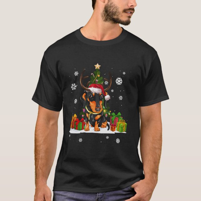 Funny Reinder Dog Lover Santa hat Ugly Christmas S T-Shirt (Front)