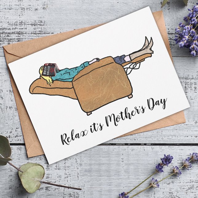 Funny Relax it’s Mother’s Day Book Lovers Quote Holiday Card (Relax it’s Mother’s Day funny quote cute book lover mom sleeping, unique collage illustration )