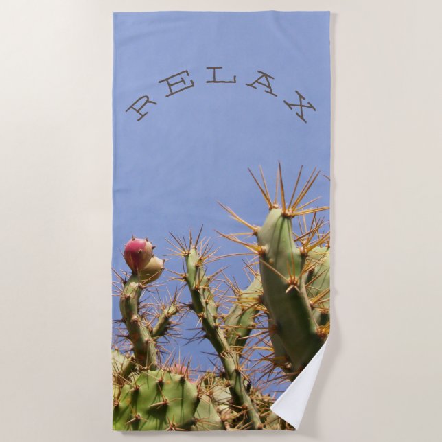 Funny Relax on Tropical Cactus Photo Custom Text Beach Towel (Front)