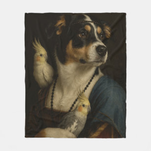 Funny Renaissance Dog and Cockatiels Painting Blan Fleece Blanket
