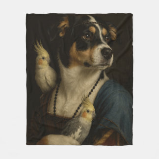 Funny Renaissance Dog and Cockatiels Painting Blan Fleece Blanket