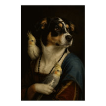Funny Renaissance Dog and Cockatiels Painting Post