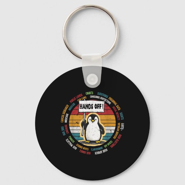 Funny Resist Penguin Protest Against Tariffs Retro Key Ring (Front)