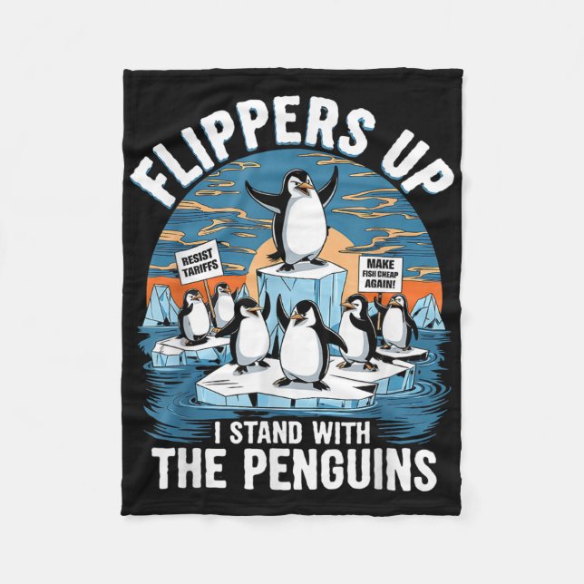 Funny Resist Penguins Protest Against Tariffs  Fleece Blanket (Front)