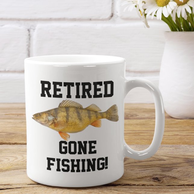 Funny Retired Gone Fishing Perch Ice Fishing Coffee Mug (A great coffee mug for the perch angler in your life.)