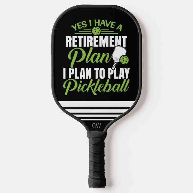 Funny Retirement Black and Green Monogram  Pickleball Paddle (Front)