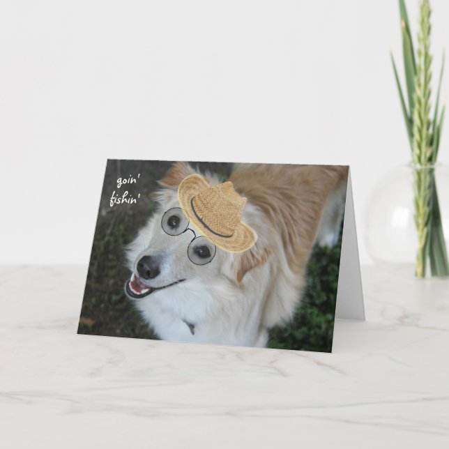 Funny Retirement, Dog in Glasses and Fishing Hat Card (Front)