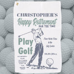 Funny Retirement Golfer Theme Retro Golf Golf Towel<br><div class="desc">Funny golf towel for your favourite retired golfer. Monogrammed with name and date of retirement. Retro style play golf theme complete with swinging golfer,  golf ball and golf tee. Fun and practical gift.</div>