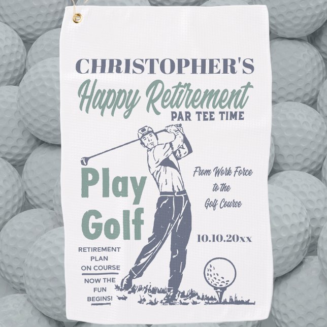 Funny Retirement Golfer Theme Retro Golf Golf Towel (Golf Happy Retirement Monogrammed Golf Towel for your favorite golfer. Funny retirement gift.)