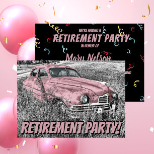 Funny Retirement Party Antique Car Pink Invitation