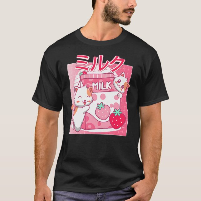 Funny Retro 90s Kawaii Cat Strawberry Milk Japanes T-Shirt (Front)