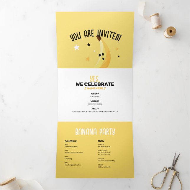 Funny Retro Banana Party Favours Puns Editable Tri-Fold Invitation (Inside)