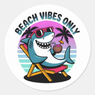 Funny Retro Beach Vibes Only Shark Classic Round Sticker
