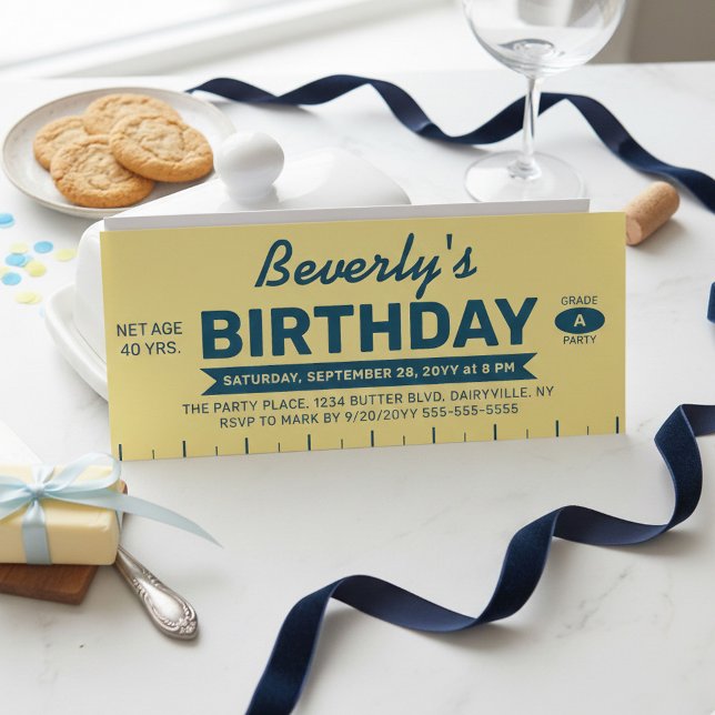 Funny Retro Butter Stick Personalized Birthday  Invitation (Butterlicious Birthday invite! Yellow Stick of Butter Customized with all your event details)
