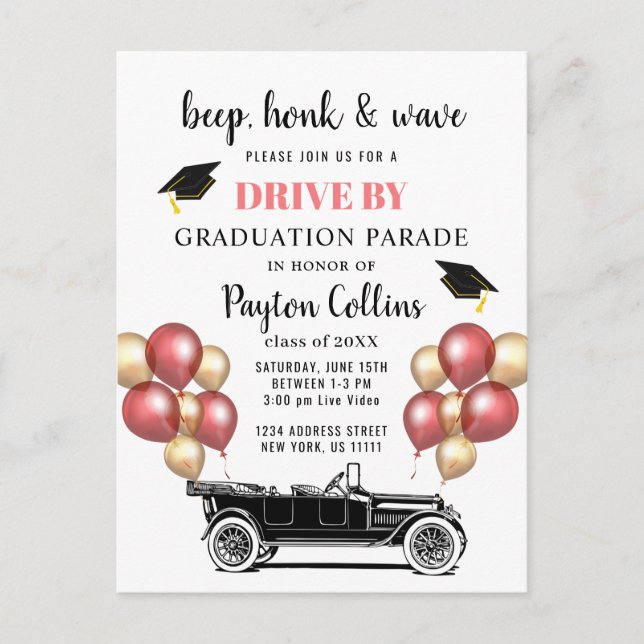 Funny Retro Car DRIVE BY Graduation Party  Postcard (Front)
