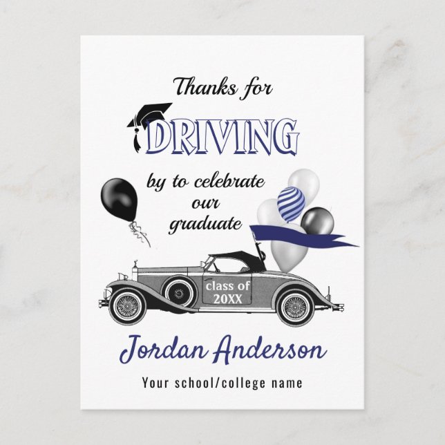 Funny Retro Car Drive By Graduation Thank You Postcard (Front)