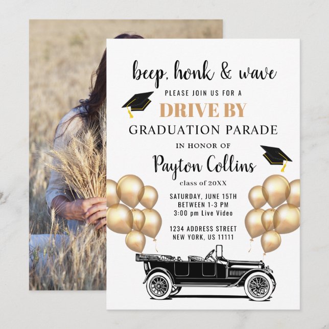 Funny Retro Car DRIVE BY PHOTO Graduation Party In Invitation (Front/Back)