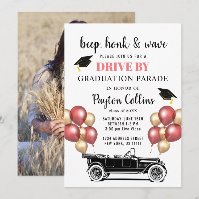 Funny Retro Car DRIVE BY PHOTO Graduation Party Invitation (Front/Back)