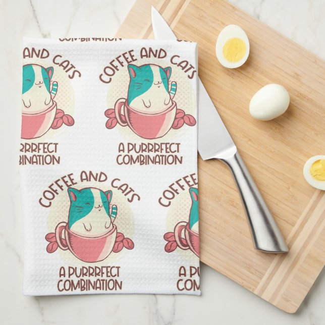 Funny Retro Coffee and Cats Tea Towel (Quarter Fold)