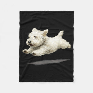 Funny Retro Cute Running Dog Art White Puppy Fleece Blanket