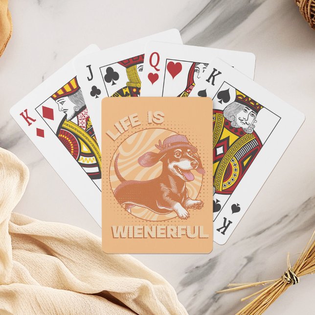 Funny Retro Dachshund "Life is Wienerful" Playing Cards (This fun and quirky design features an adorable dachshund, complete with a cute fedora hat!)