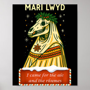 Funny Retro Folklore Skeleton Horse Mari Lwyd Yule Poster
