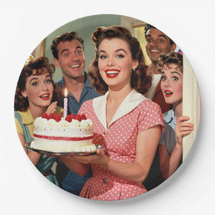Funny Retro Friends Celebrating a Birthday Paper Plate