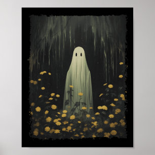 Funny Retro Ghost In The Forest Floral Halloween G Poster