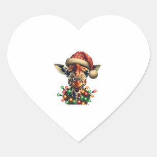 Funny Retro Giraffe Lover Santa Christmas Tree Lig Heart Sticker