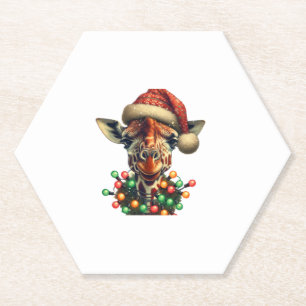Funny Retro Giraffe Lover Santa Christmas Tree Lig Paper Coaster