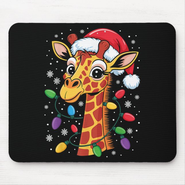 Funny Retro Giraffe Lover Santa Hat Christmas Ligh Mouse Pad (Front)