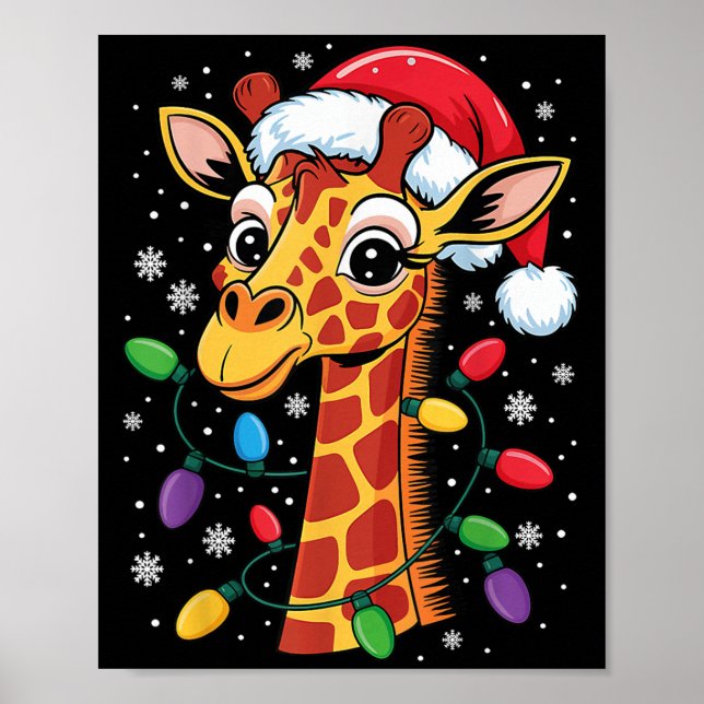 Funny Retro Giraffe Lover Santa Hat Christmas Ligh Poster (Front)