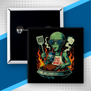 Funny Retro Green Alien UFO BBQ Grill Sunglasses 15 Cm Square Badge