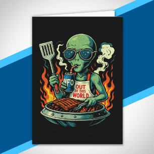 Funny Retro Green Alien UFO BBQ Grill Sunglasses Card