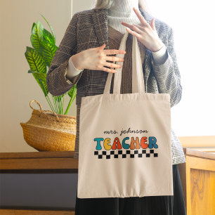 Funny Retro Groovy & Chequered Teacher  Tote Bag