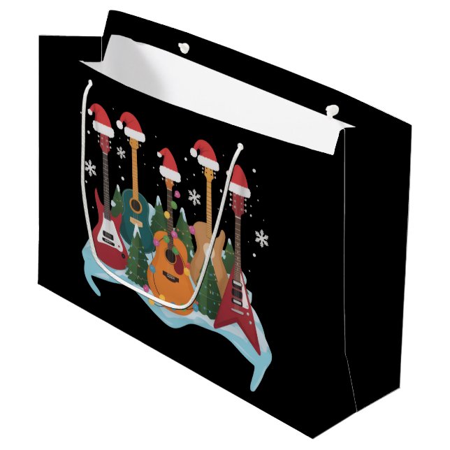 Funny Retro Guitar Christmas Tree Holiday Xmas Large Gift Bag (Front Angled)