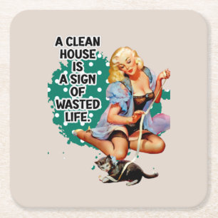 Funny Retro Housewife Pi-up Girl Art Square Paper Coaster