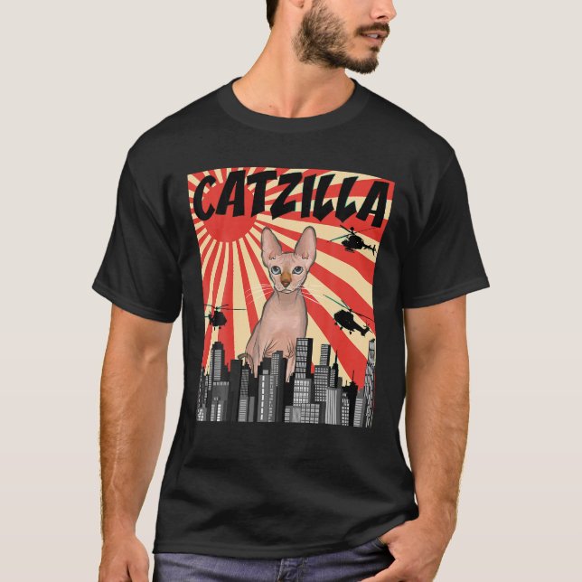 Funny Retro Japanese Catzilla Sphynx Cat T Shirt (Front)