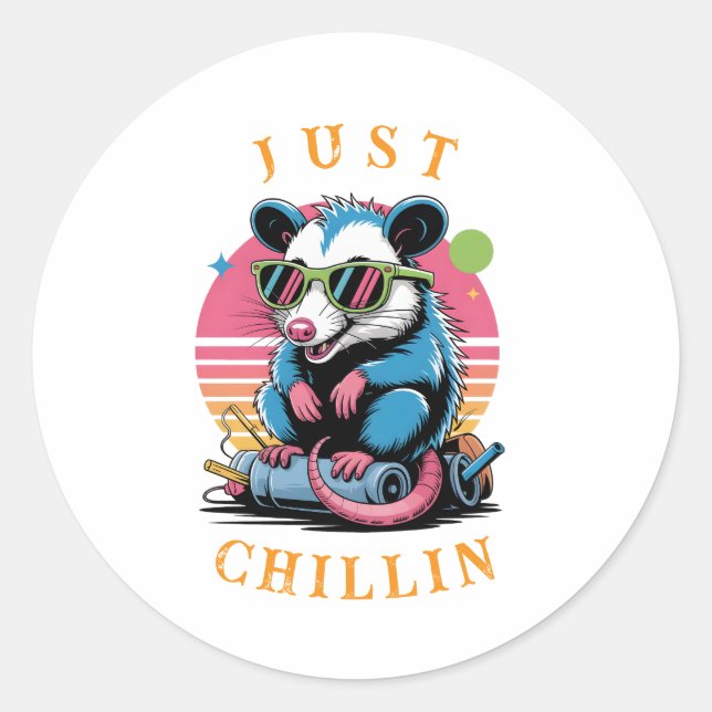 Funny Retro "Just Chillin" Opossum Classic Round Sticker (Front)