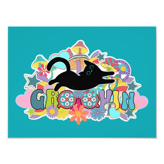 Funny Retro Mushrooms Groovin Flowers Black Cat Photo Print (Front)