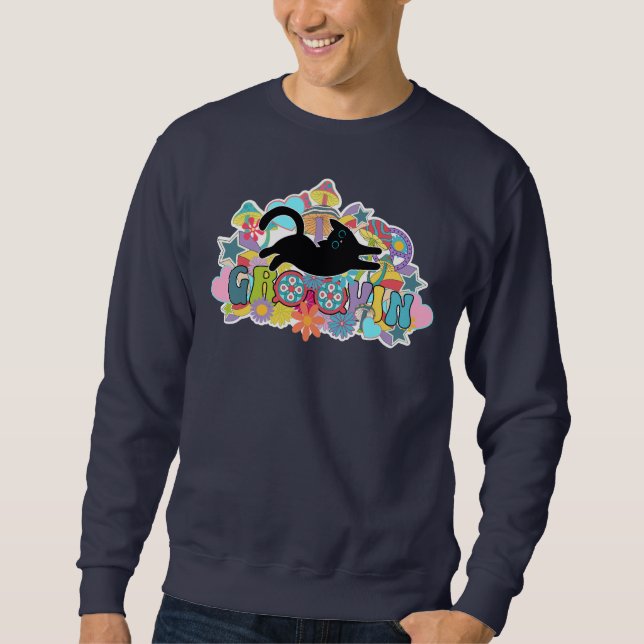 Funny Retro Mushrooms Groovin Flowers Black Cat Sweatshirt (Front)