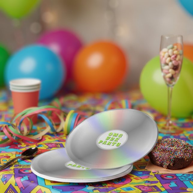 Funny Retro Music CD Disc Y2K Party Paper Plates (Fun music cd inspired paper plate for your retro 2000s party. Add your text!)